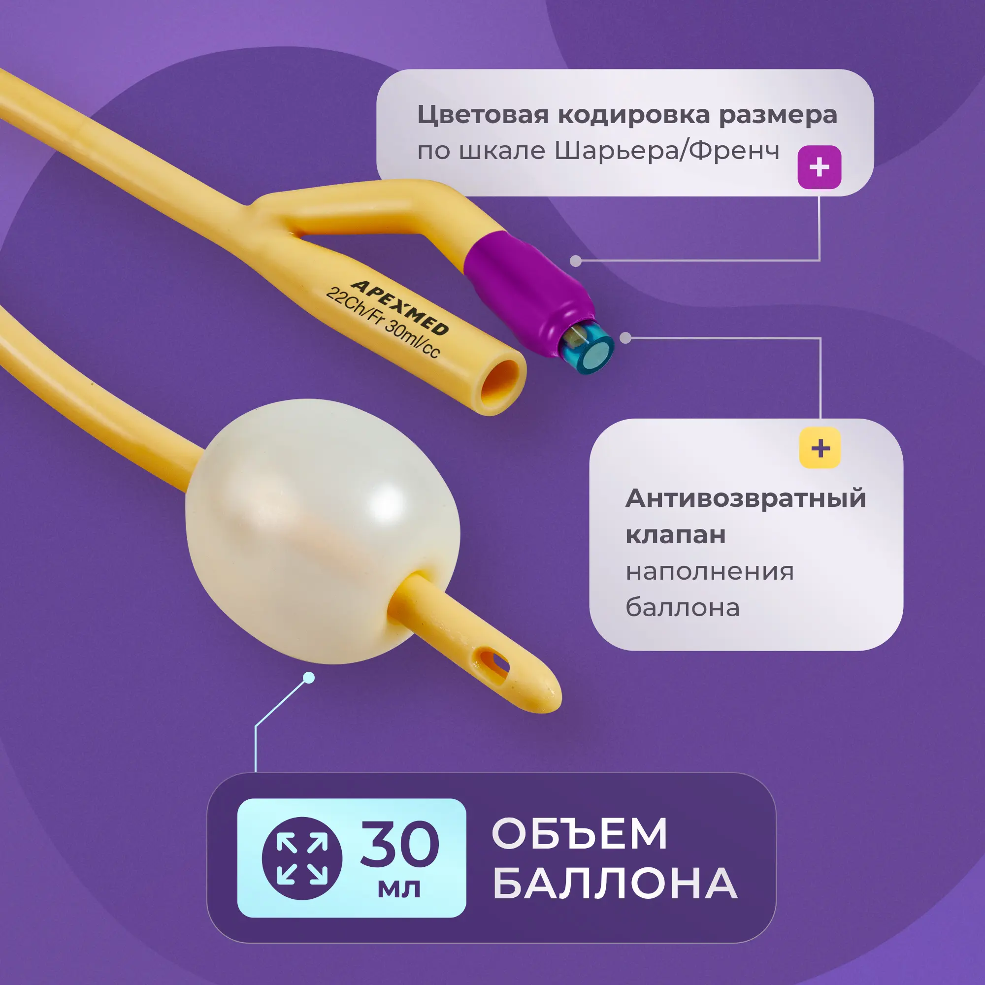 Катетер Фолея 22 Ch/Fr мужской, урологический, 10 шт