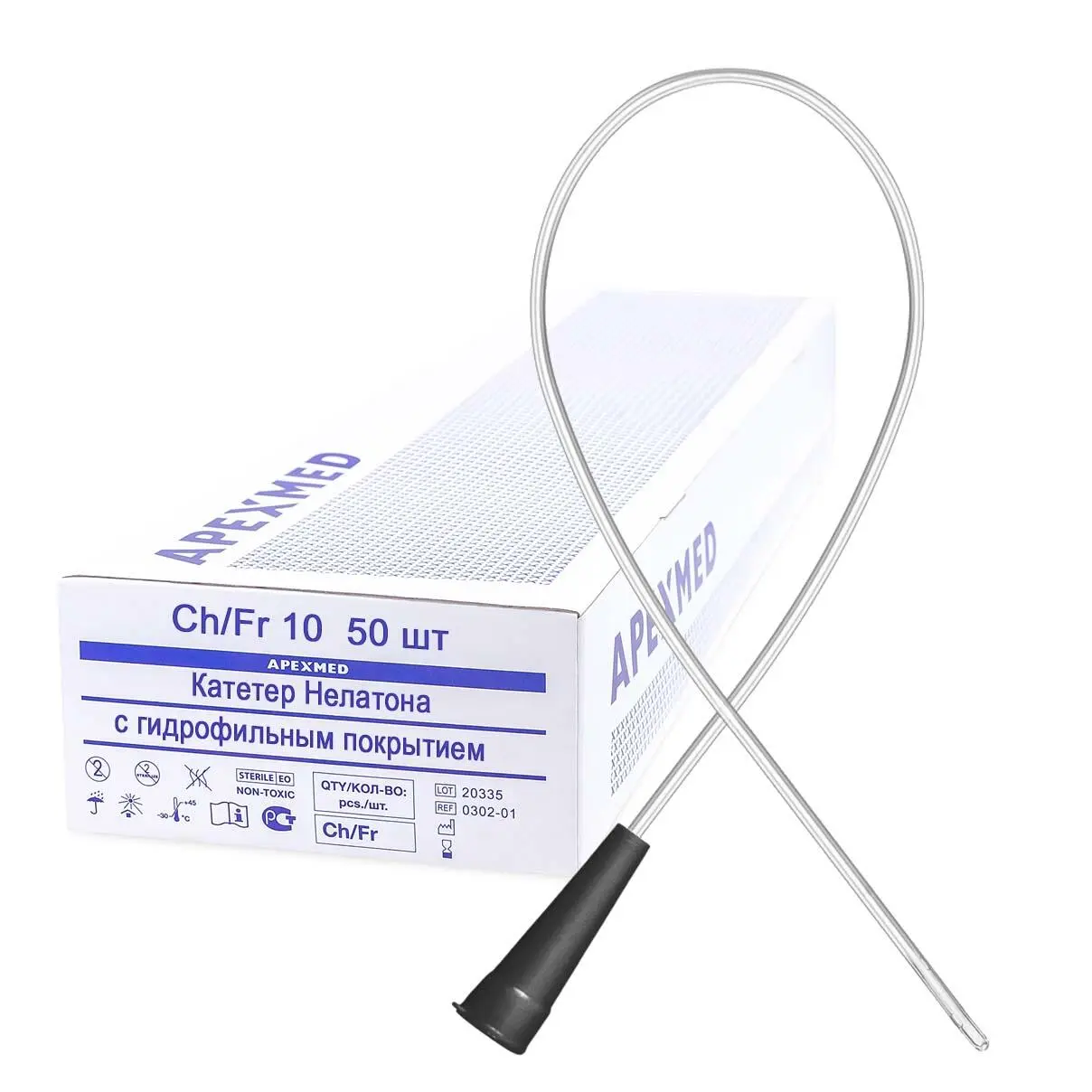 Катетер Нелатона урологический Apexmed мужской, Сh/Fr 10, 50 шт, лубрицированный, уретральный