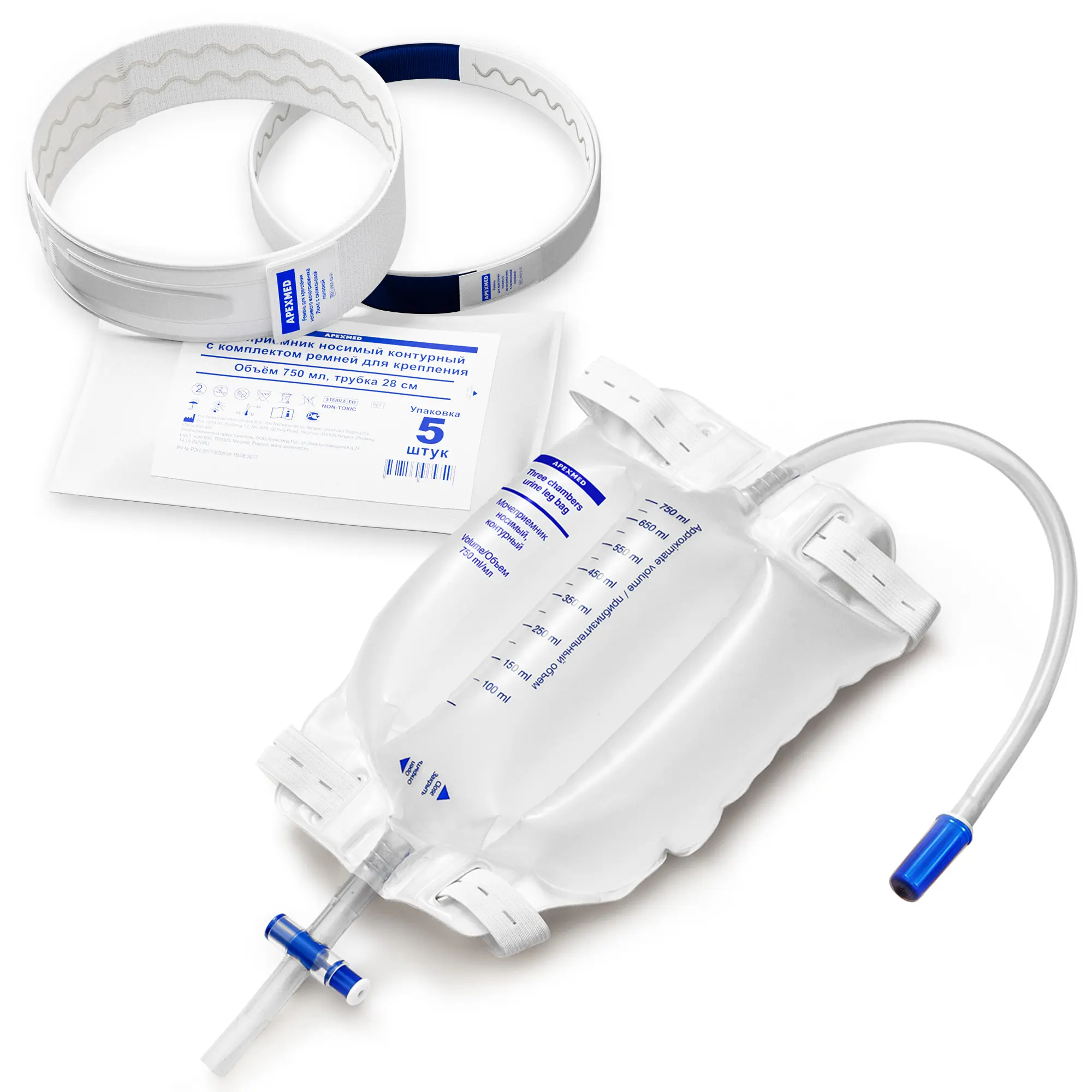 Мочеприемник ножной 750 мл, 28 см, контурный, с комплектом ремней для крепления, 5 шт