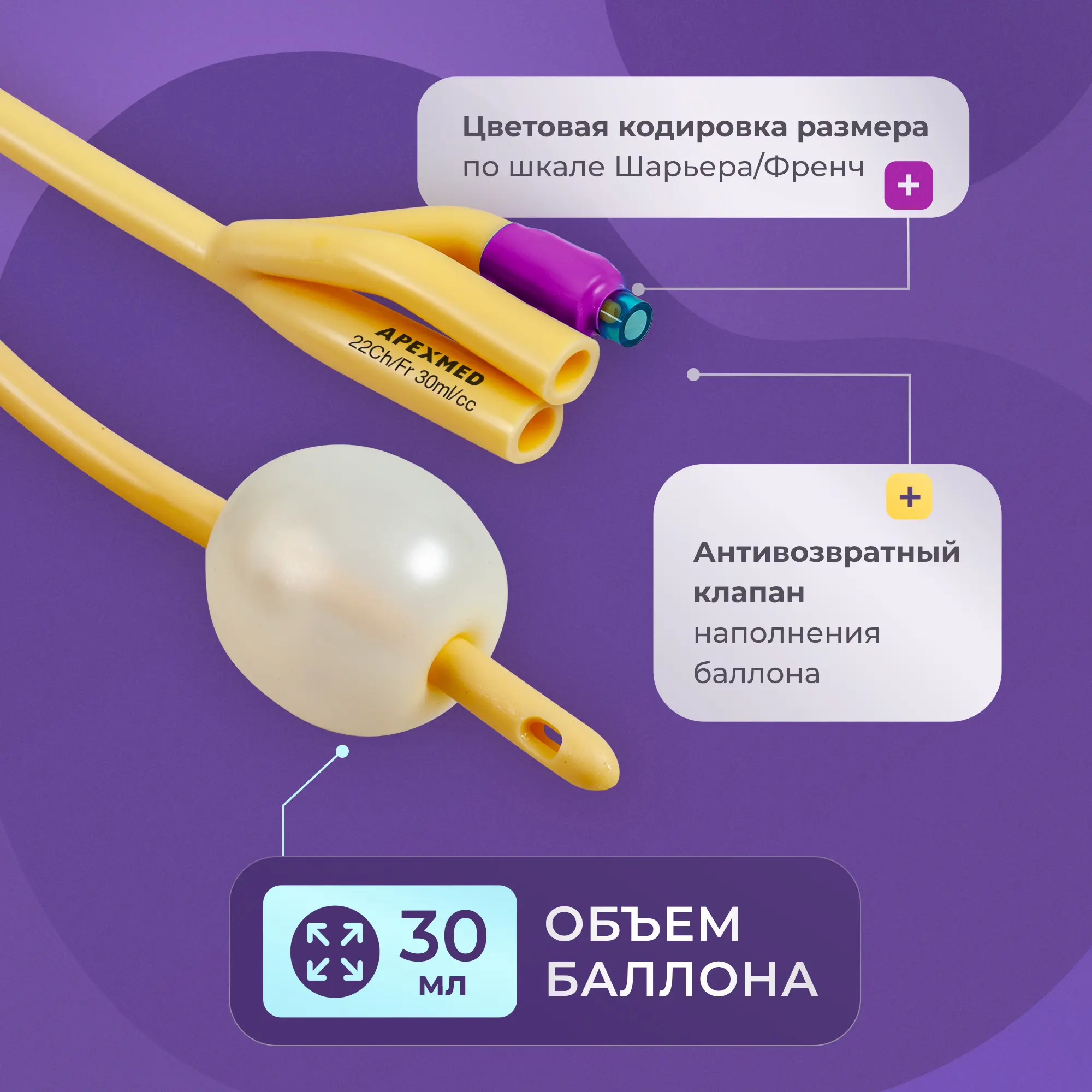 Катетер Фолея 22 Ch/Fr мужской, трехходовой, 10 шт