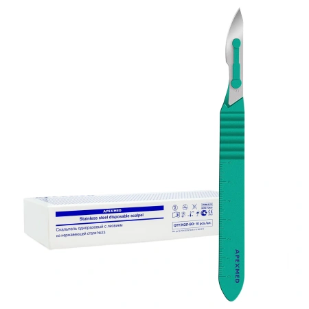 Скальпель хирургический Apexmed №23, 10 шт, стерильный, с лезвием из нержавеющей стали