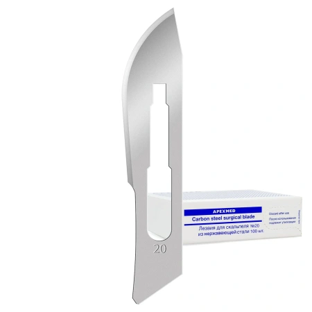 Лезвие для скальпеля Apexmed №20, из нержавеющей стали, 100 шт, хирургическое, стерильное