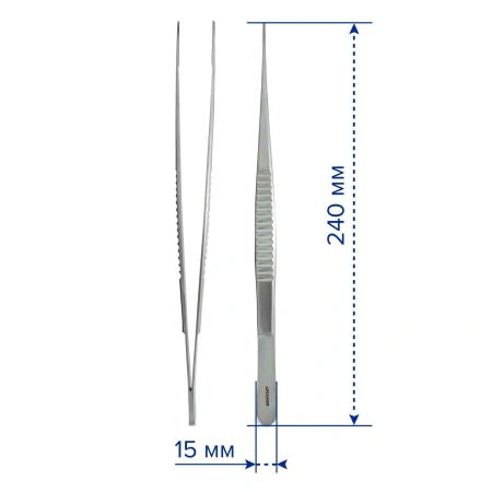 Пинцет сосудистый De Bakey атравматический, прямой, 240 мм, 1.5 мм, Apexmed