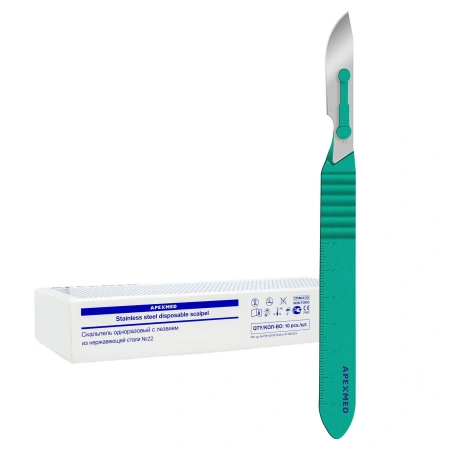 Скальпель хирургический Apexmed №22, 10 шт, стерильный, с лезвием из нержавеющей стали