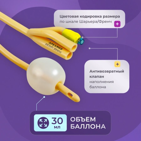 Катетер Фолея 20 Ch/Fr мужской, трехходовой, 10 шт