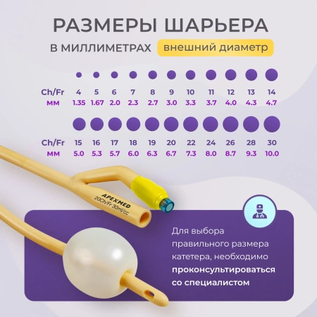 Катетер Фолея 20 Ch/Fr мужской, урологический, 10 шт