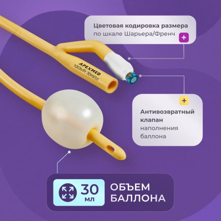 Катетер Фолея 12 Ch/Fr мужской, урологический, 10 шт