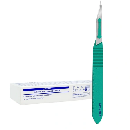 Скальпель хирургический стерильный с лезвием из нержавеющей стали №11, 10 шт, Apexmed