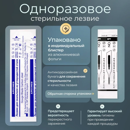Лезвие полое для скальпеля Apexmed №1, подиатрическое, из углеродистой стали, 20 шт, стерильное
